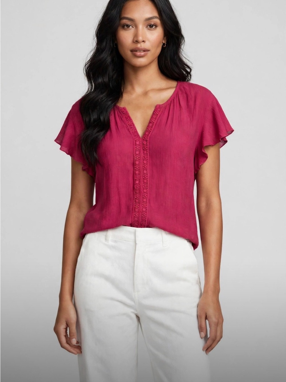 COUNTERPARTS Women’s Lightweight Split-Neck Blouse in Deep Pink Lace Detail XL
